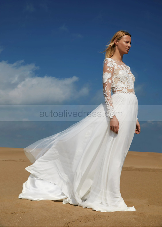 Ivory Embroidery Lace Chiffon Floral Unusual Wedding Dress